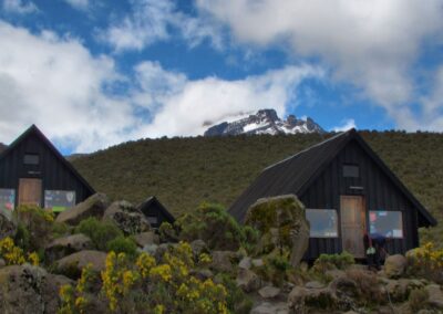 Horombo Huts and Mawenzi Peak from Marangu Route on Mount Kilimanjaro, Tanzania.